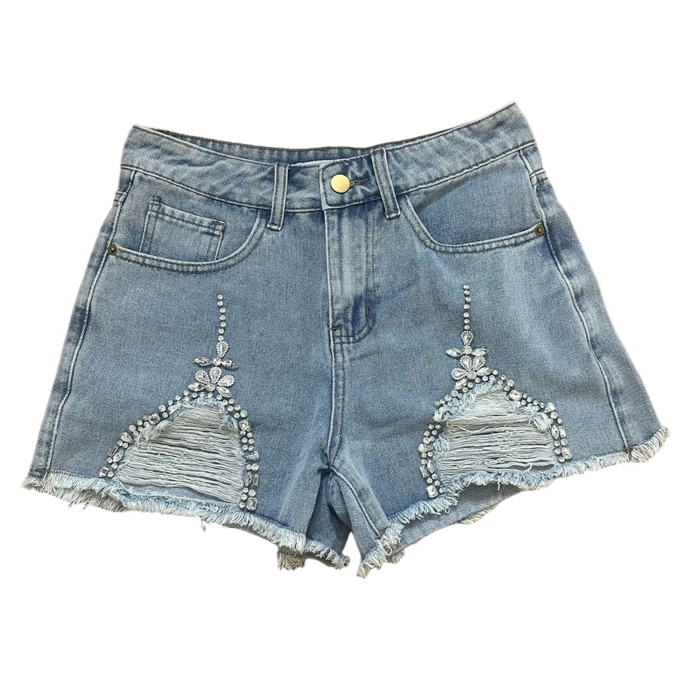 NanaMacs Boutique Rhinestone Jeweled Light Wash Denim Shorts Size Small